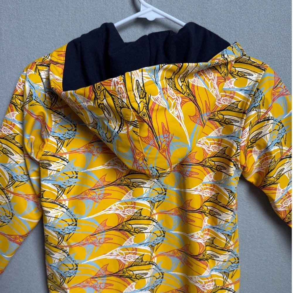 Hartstrings Raincoat Kids Size 4 Yellow Marlin Fish Print Hooded Jacket Snap Up